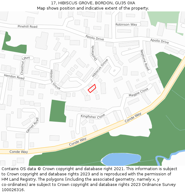 17, HIBISCUS GROVE, BORDON, GU35 0XA: Location map and indicative extent of plot