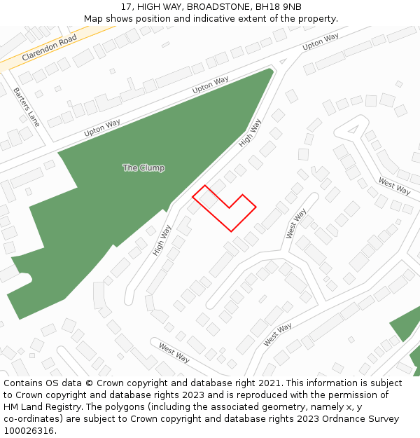 17, HIGH WAY, BROADSTONE, BH18 9NB: Location map and indicative extent of plot
