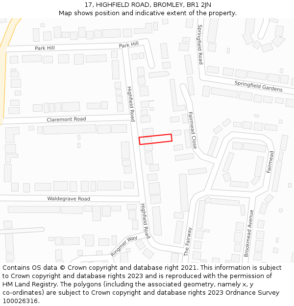 17, HIGHFIELD ROAD, BROMLEY, BR1 2JN: Location map and indicative extent of plot