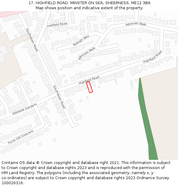 17, HIGHFIELD ROAD, MINSTER ON SEA, SHEERNESS, ME12 3BA: Location map and indicative extent of plot