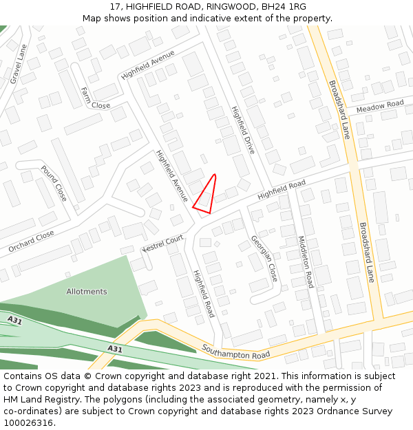 17, HIGHFIELD ROAD, RINGWOOD, BH24 1RG: Location map and indicative extent of plot