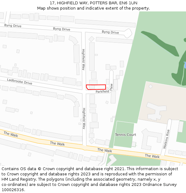 17, HIGHFIELD WAY, POTTERS BAR, EN6 1UN: Location map and indicative extent of plot