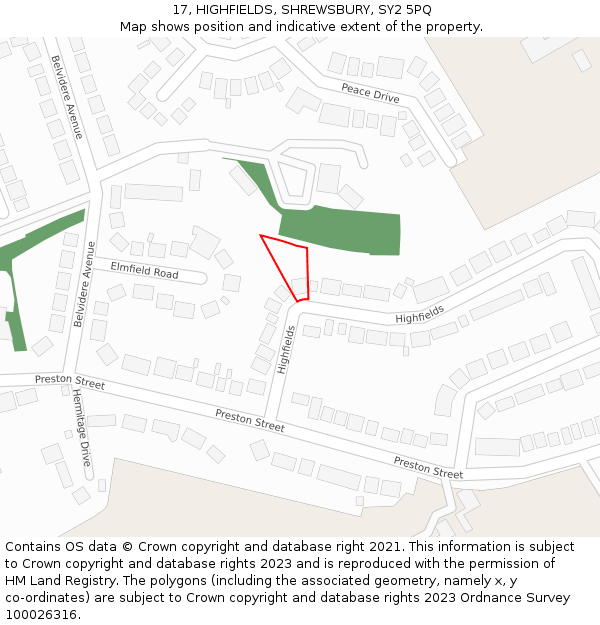 17, HIGHFIELDS, SHREWSBURY, SY2 5PQ: Location map and indicative extent of plot