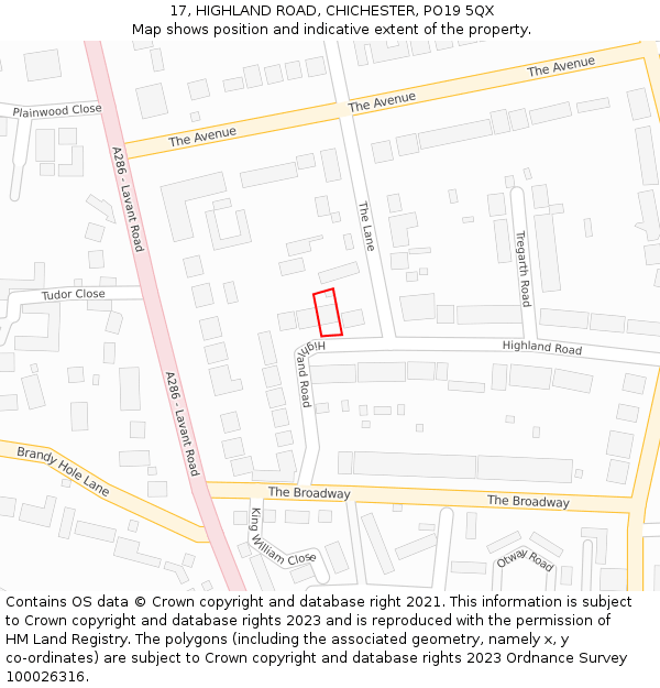 17, HIGHLAND ROAD, CHICHESTER, PO19 5QX: Location map and indicative extent of plot