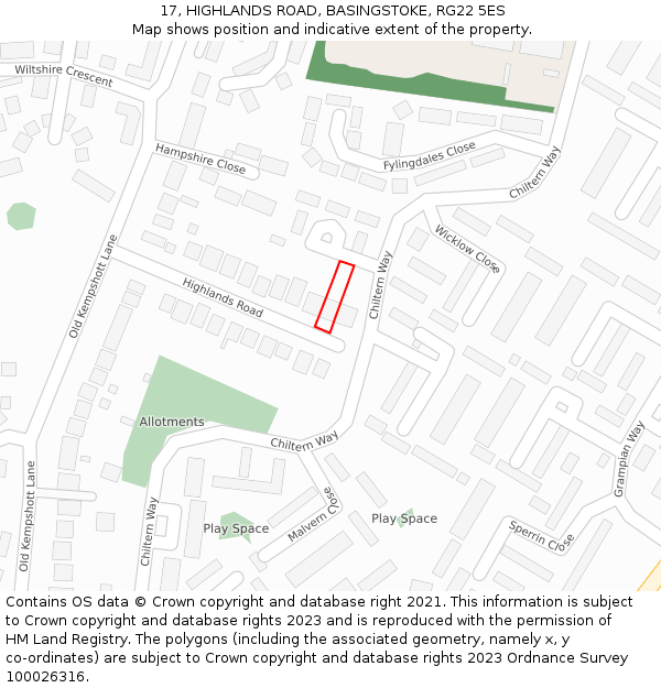 17, HIGHLANDS ROAD, BASINGSTOKE, RG22 5ES: Location map and indicative extent of plot