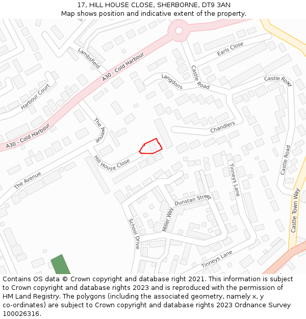 17, HILL HOUSE CLOSE, SHERBORNE, DT9 3AN: Location map and indicative extent of plot