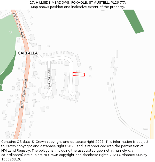 17, HILLSIDE MEADOWS, FOXHOLE, ST AUSTELL, PL26 7TA: Location map and indicative extent of plot