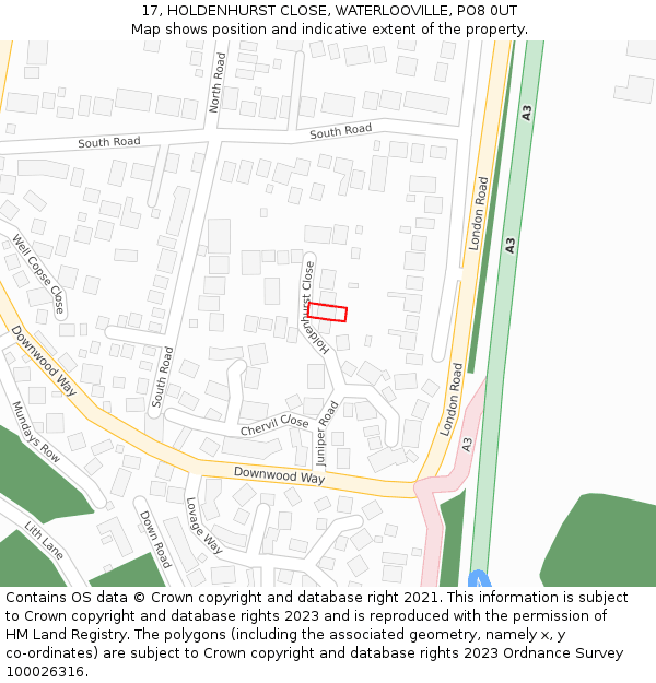 17, HOLDENHURST CLOSE, WATERLOOVILLE, PO8 0UT: Location map and indicative extent of plot