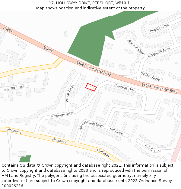 17, HOLLOWAY DRIVE, PERSHORE, WR10 1JL: Location map and indicative extent of plot