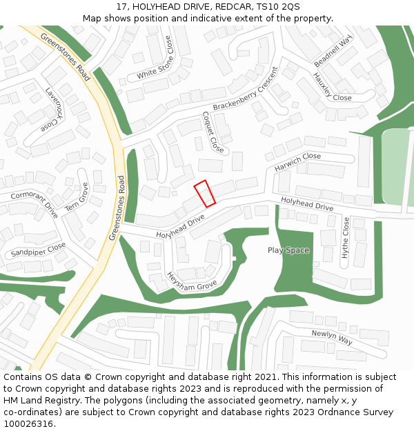 17, HOLYHEAD DRIVE, REDCAR, TS10 2QS: Location map and indicative extent of plot