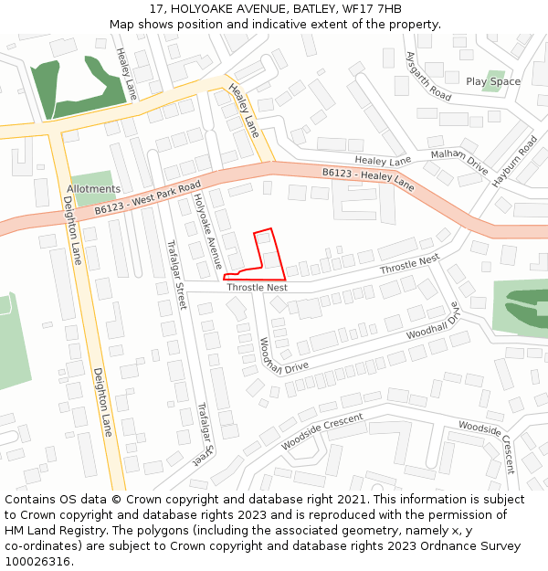 17, HOLYOAKE AVENUE, BATLEY, WF17 7HB: Location map and indicative extent of plot