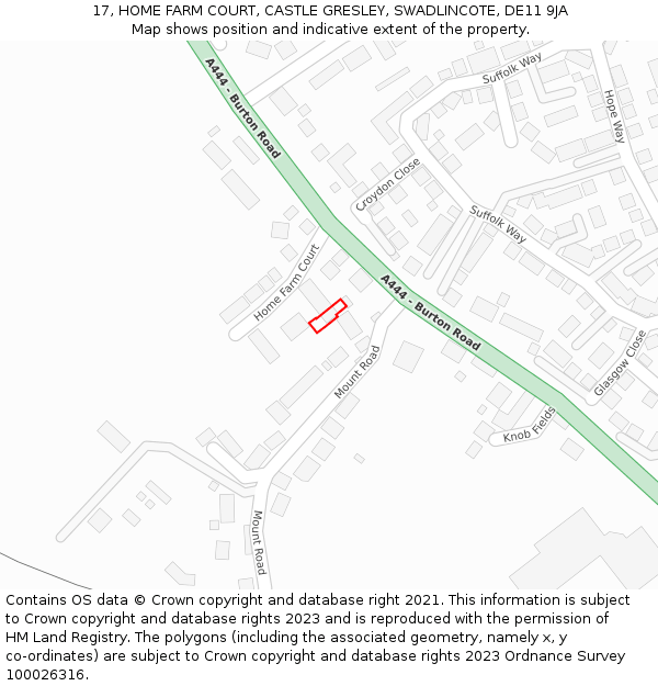 17, HOME FARM COURT, CASTLE GRESLEY, SWADLINCOTE, DE11 9JA: Location map and indicative extent of plot