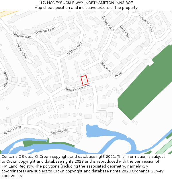 17, HONEYSUCKLE WAY, NORTHAMPTON, NN3 3QE: Location map and indicative extent of plot