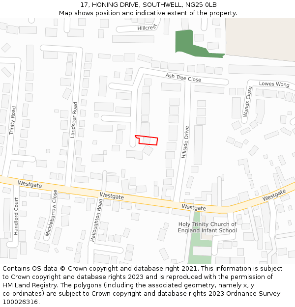 17, HONING DRIVE, SOUTHWELL, NG25 0LB: Location map and indicative extent of plot