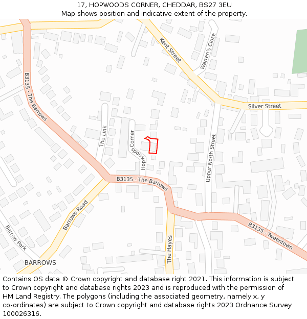 17, HOPWOODS CORNER, CHEDDAR, BS27 3EU: Location map and indicative extent of plot