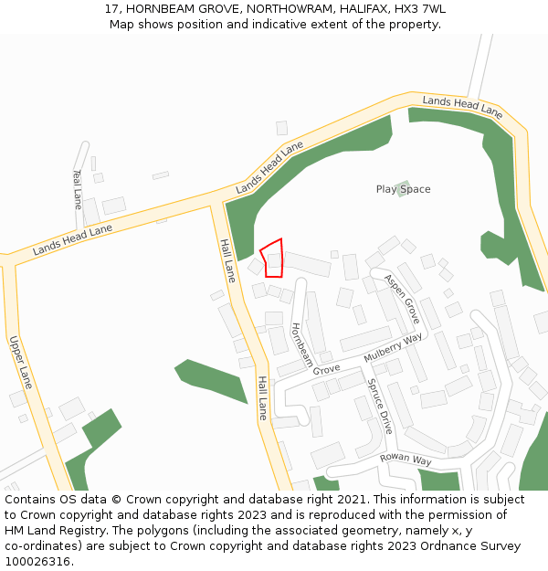 17, HORNBEAM GROVE, NORTHOWRAM, HALIFAX, HX3 7WL: Location map and indicative extent of plot