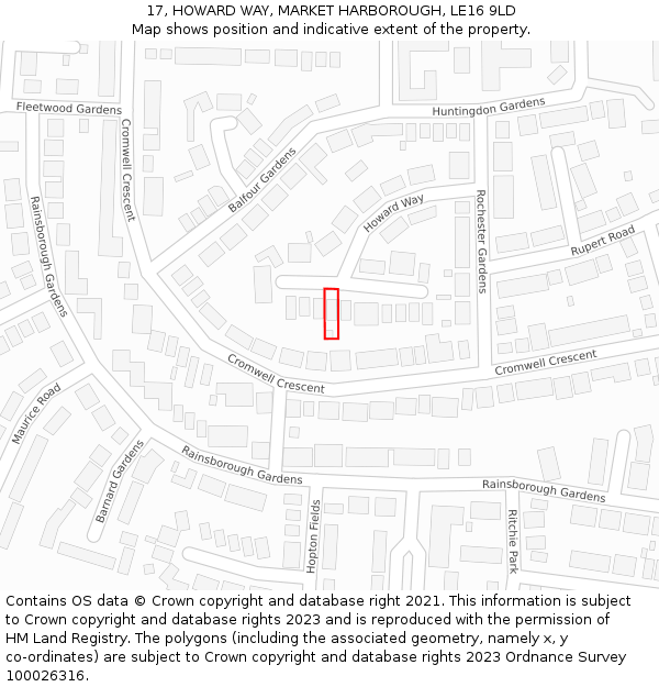 17, HOWARD WAY, MARKET HARBOROUGH, LE16 9LD: Location map and indicative extent of plot
