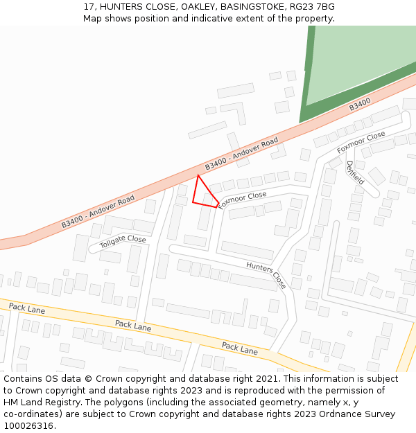 17, HUNTERS CLOSE, OAKLEY, BASINGSTOKE, RG23 7BG: Location map and indicative extent of plot