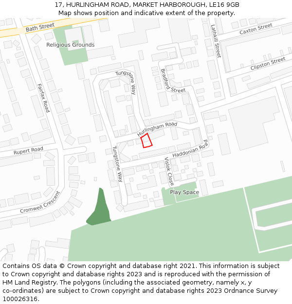 17, HURLINGHAM ROAD, MARKET HARBOROUGH, LE16 9GB: Location map and indicative extent of plot