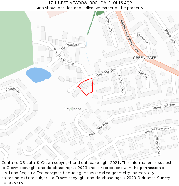 17, HURST MEADOW, ROCHDALE, OL16 4QP: Location map and indicative extent of plot