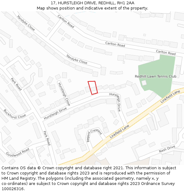 17, HURSTLEIGH DRIVE, REDHILL, RH1 2AA: Location map and indicative extent of plot