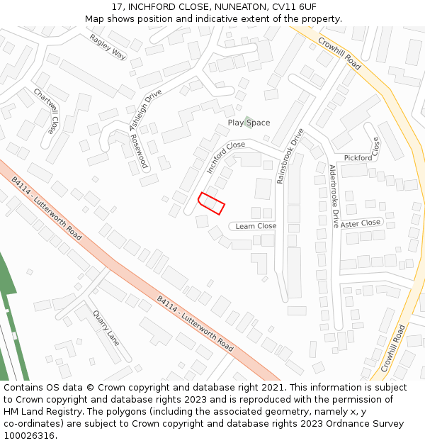 17, INCHFORD CLOSE, NUNEATON, CV11 6UF: Location map and indicative extent of plot