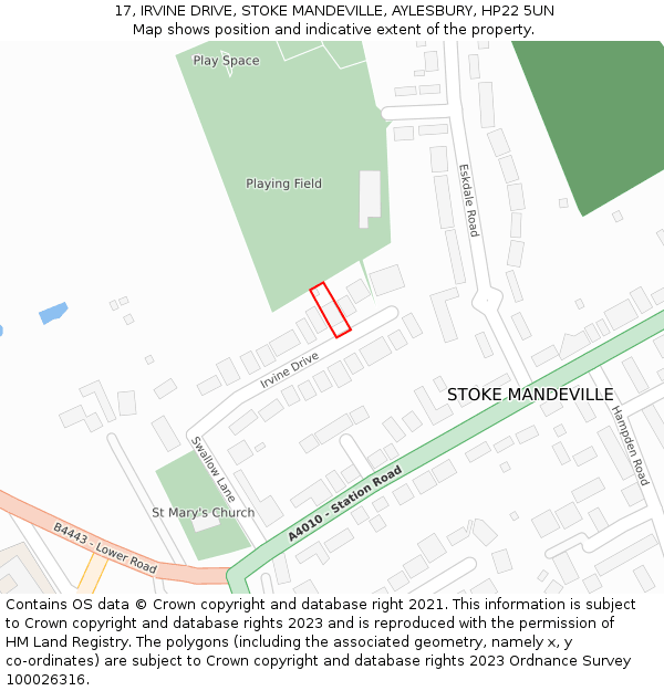17, IRVINE DRIVE, STOKE MANDEVILLE, AYLESBURY, HP22 5UN: Location map and indicative extent of plot