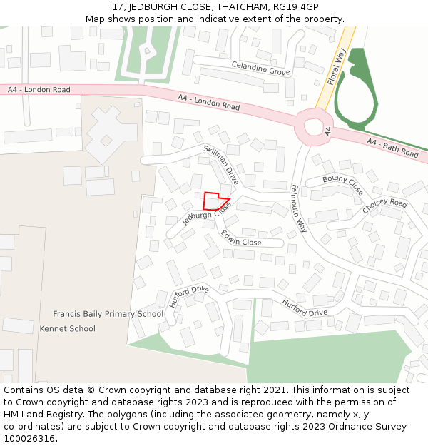 17, JEDBURGH CLOSE, THATCHAM, RG19 4GP: Location map and indicative extent of plot
