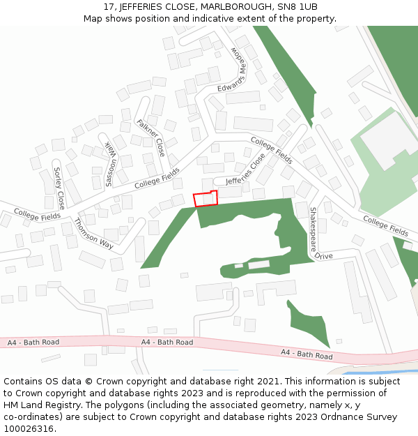 17, JEFFERIES CLOSE, MARLBOROUGH, SN8 1UB: Location map and indicative extent of plot