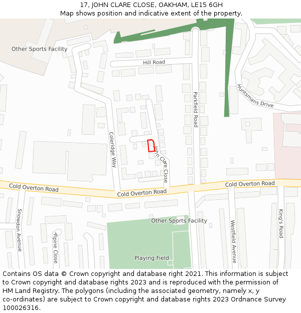 17, JOHN CLARE CLOSE, OAKHAM, LE15 6GH: Location map and indicative extent of plot