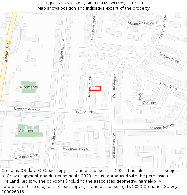 17, JOHNSON CLOSE, MELTON MOWBRAY, LE13 1TH: Location map and indicative extent of plot