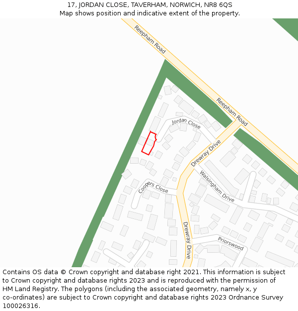 17, JORDAN CLOSE, TAVERHAM, NORWICH, NR8 6QS: Location map and indicative extent of plot