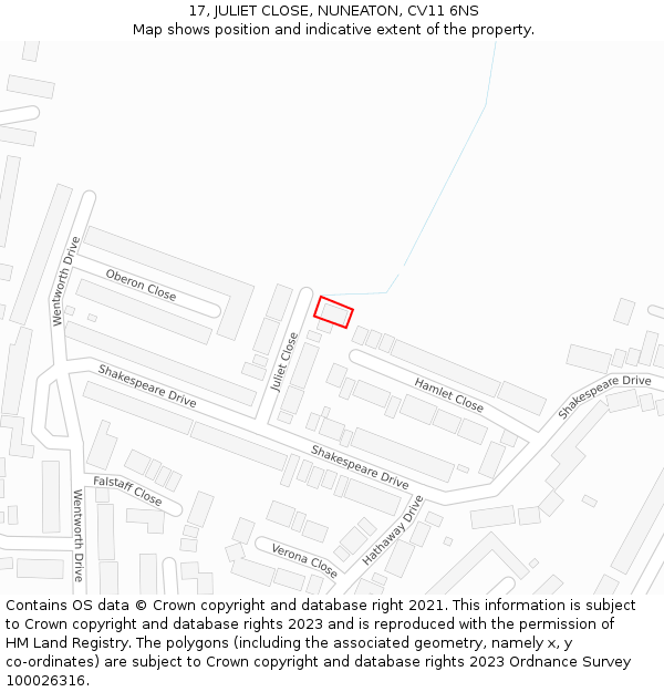17, JULIET CLOSE, NUNEATON, CV11 6NS: Location map and indicative extent of plot