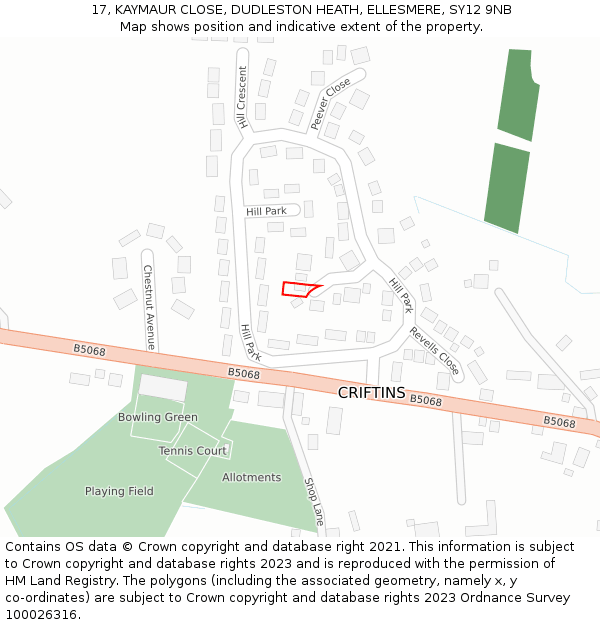 17, KAYMAUR CLOSE, DUDLESTON HEATH, ELLESMERE, SY12 9NB: Location map and indicative extent of plot