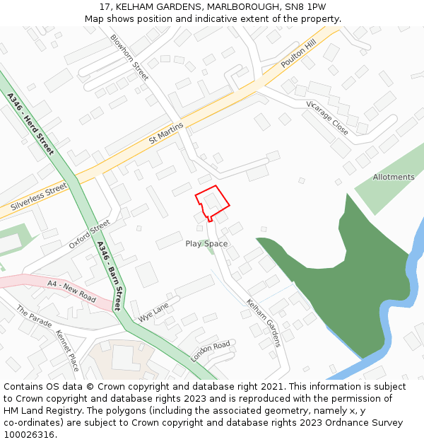17, KELHAM GARDENS, MARLBOROUGH, SN8 1PW: Location map and indicative extent of plot
