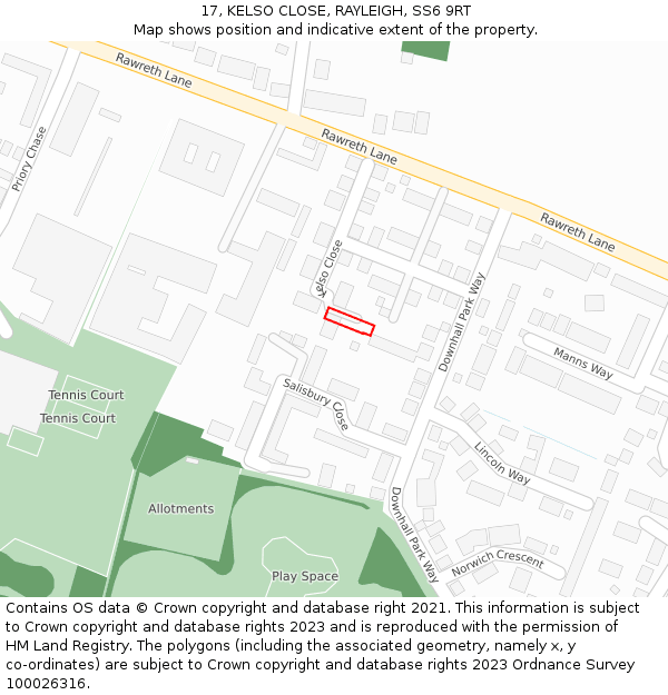 17, KELSO CLOSE, RAYLEIGH, SS6 9RT: Location map and indicative extent of plot