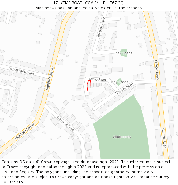 17, KEMP ROAD, COALVILLE, LE67 3QL: Location map and indicative extent of plot