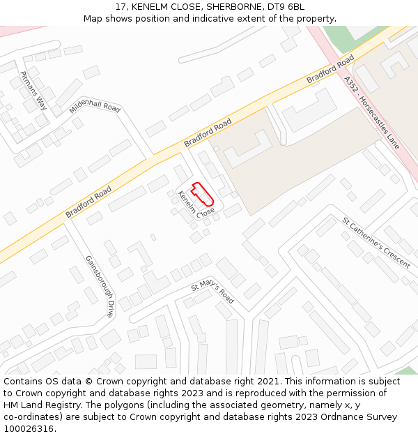 17, KENELM CLOSE, SHERBORNE, DT9 6BL: Location map and indicative extent of plot