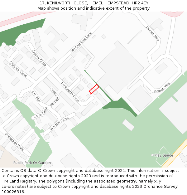 17, KENILWORTH CLOSE, HEMEL HEMPSTEAD, HP2 4EY: Location map and indicative extent of plot