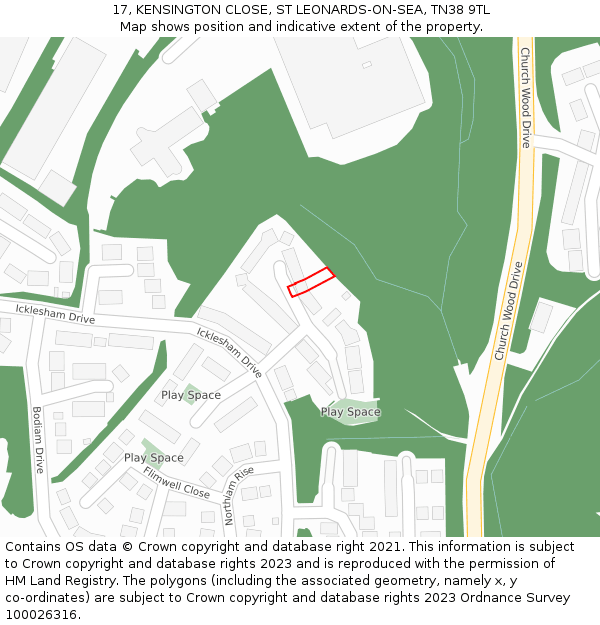 17, KENSINGTON CLOSE, ST LEONARDS-ON-SEA, TN38 9TL: Location map and indicative extent of plot