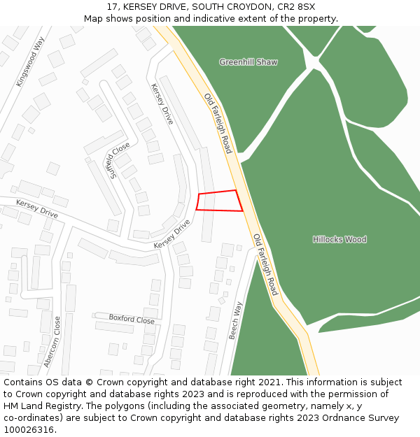 17, KERSEY DRIVE, SOUTH CROYDON, CR2 8SX: Location map and indicative extent of plot