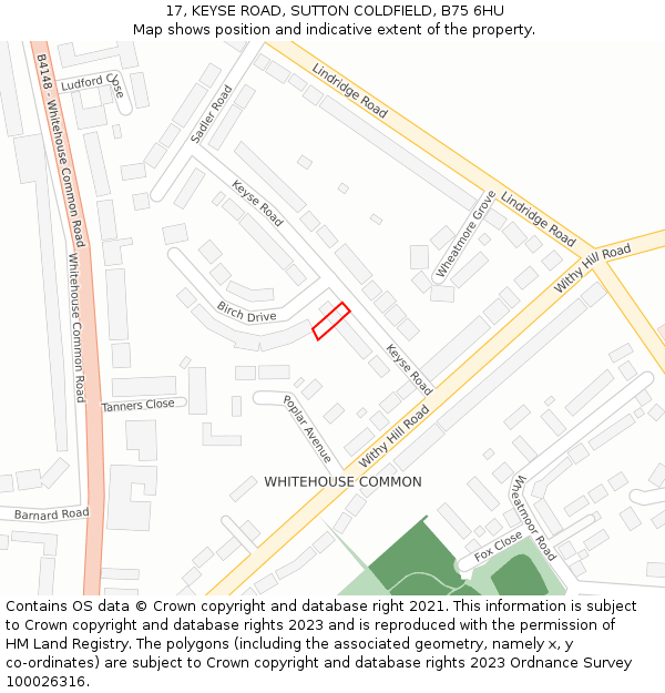 17, KEYSE ROAD, SUTTON COLDFIELD, B75 6HU: Location map and indicative extent of plot