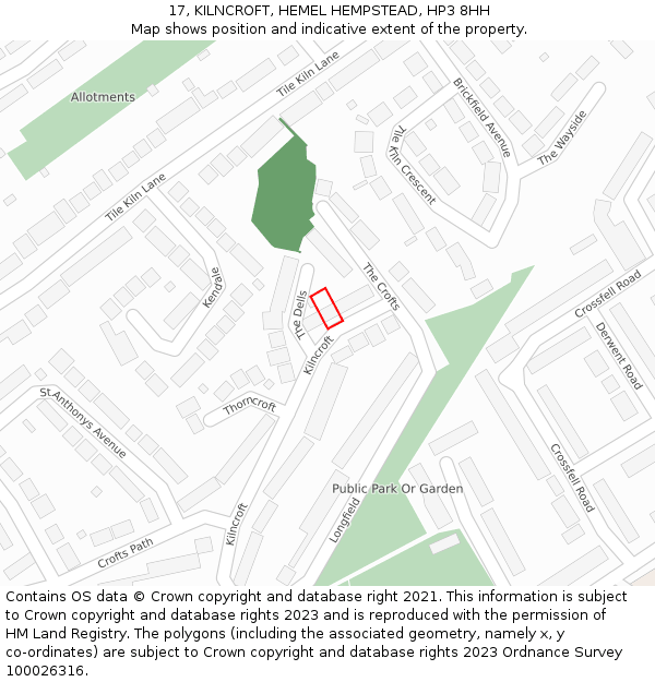 17, KILNCROFT, HEMEL HEMPSTEAD, HP3 8HH: Location map and indicative extent of plot