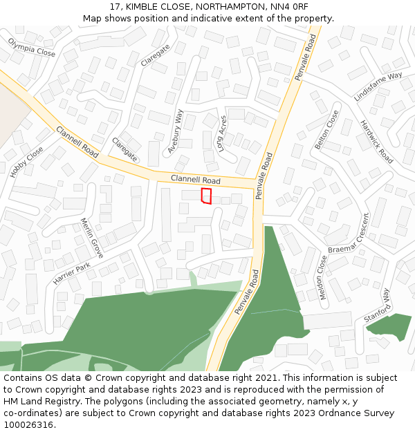 17, KIMBLE CLOSE, NORTHAMPTON, NN4 0RF: Location map and indicative extent of plot