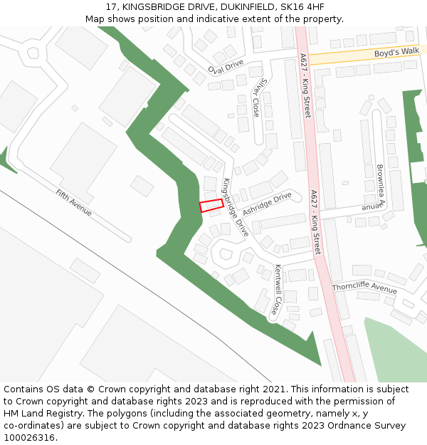 17, KINGSBRIDGE DRIVE, DUKINFIELD, SK16 4HF: Location map and indicative extent of plot