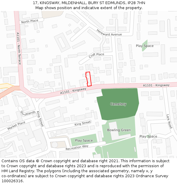 17, KINGSWAY, MILDENHALL, BURY ST EDMUNDS, IP28 7HN: Location map and indicative extent of plot