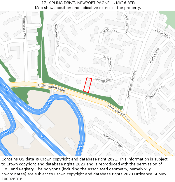 17, KIPLING DRIVE, NEWPORT PAGNELL, MK16 8EB: Location map and indicative extent of plot