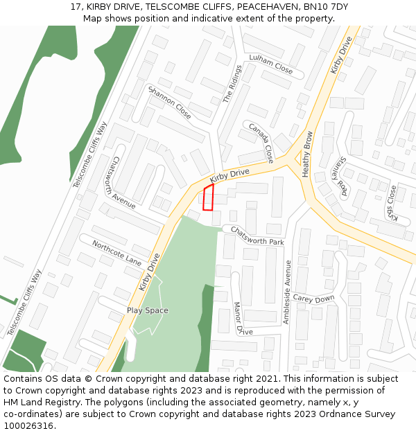 17, KIRBY DRIVE, TELSCOMBE CLIFFS, PEACEHAVEN, BN10 7DY: Location map and indicative extent of plot