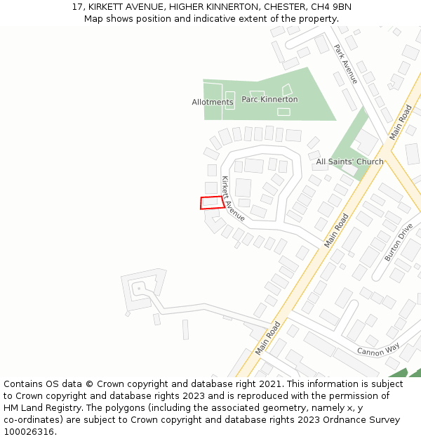 17, KIRKETT AVENUE, HIGHER KINNERTON, CHESTER, CH4 9BN: Location map and indicative extent of plot