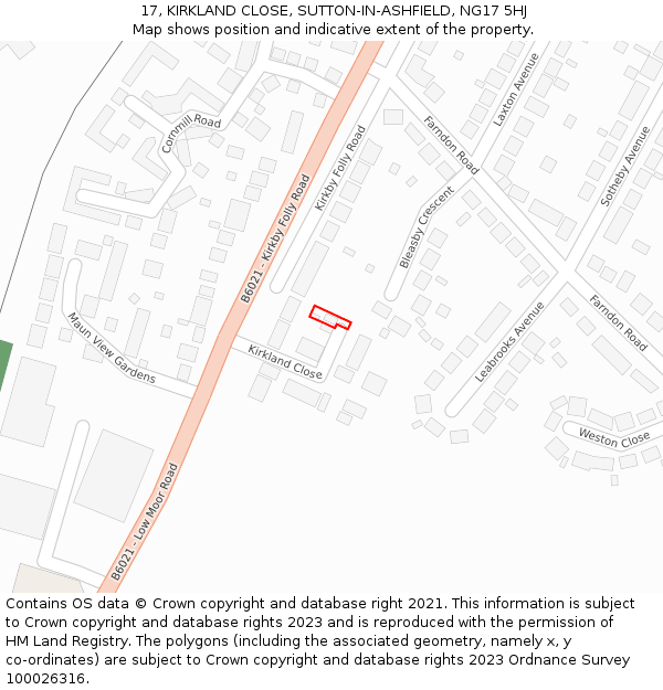 17, KIRKLAND CLOSE, SUTTON-IN-ASHFIELD, NG17 5HJ: Location map and indicative extent of plot